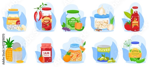Food jar, canned tin, roomy package, grocery product, save vegetable, commodity, soup, design, cartoon style vector illustration.