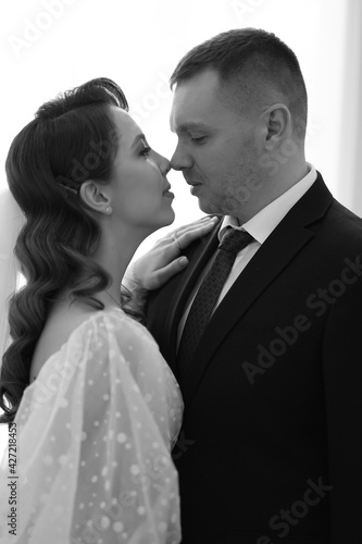 black and white. beautiful and happy couple newlyweds. 
