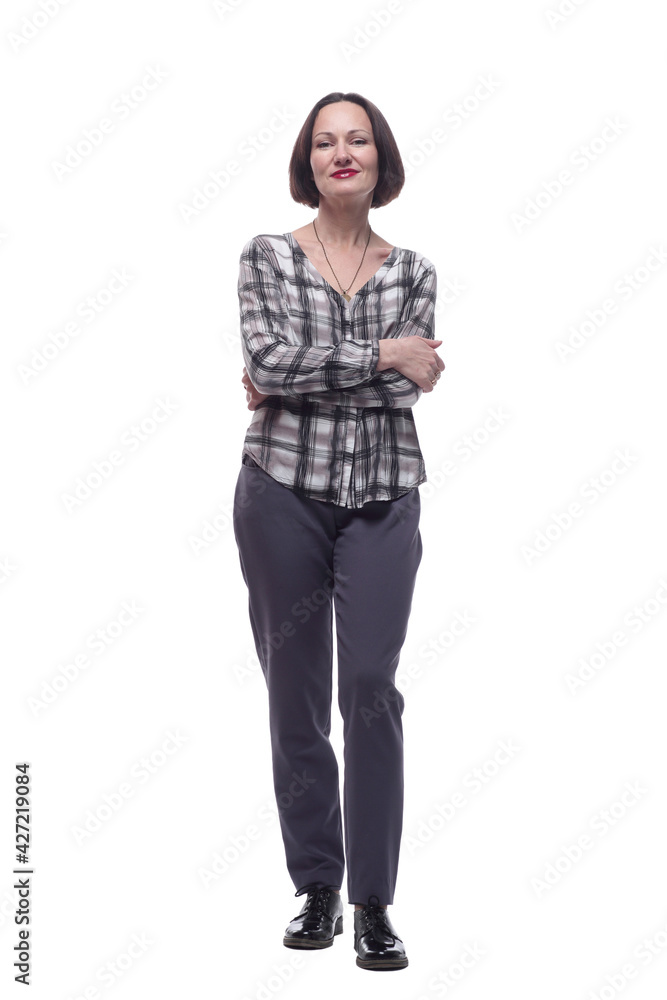 attractive mature woman in trousers and plaid shirt . attractive mature woman in trousers and plaid shirt .