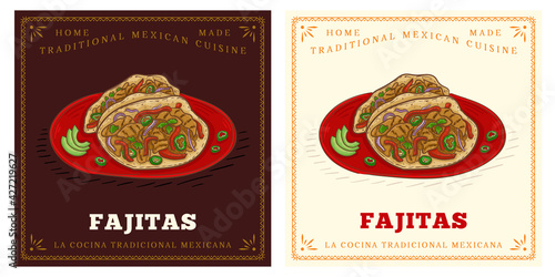 Traditional Mexican food Fajita in tortilla on a plate