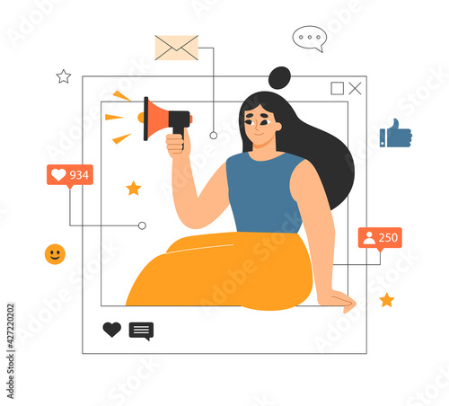SMM, social media marketing concept. Influencer, blogger or manager promoting a brand on the internet. Digital marketing, customer engagement. Isolated flat vector illustration