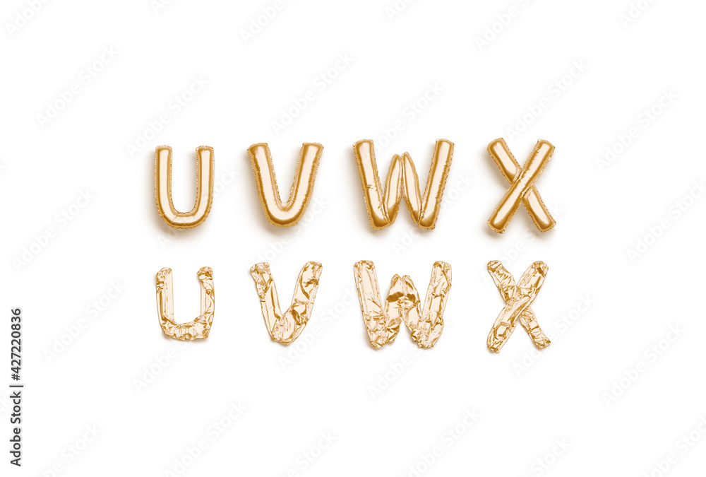 Inflated, deflated gold U V W X letters, balloon font Inflated, deflated gold U V W X letters, balloon font