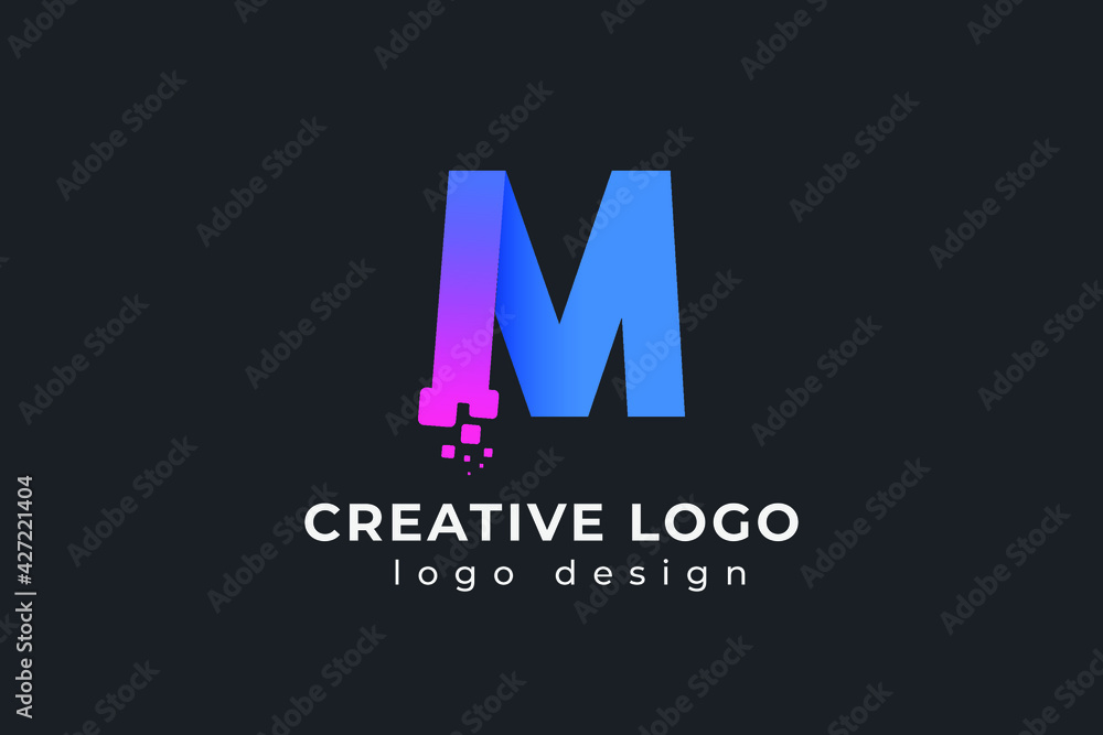 M Letter Design with Creative Dots Bubble and Blue Pink Colors Vector Illustration.