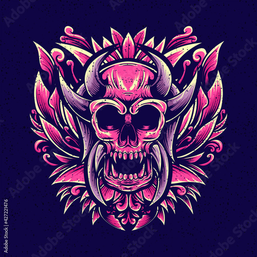 retro illustration skull demon for tshirt design, badge design character  with engraving ornament