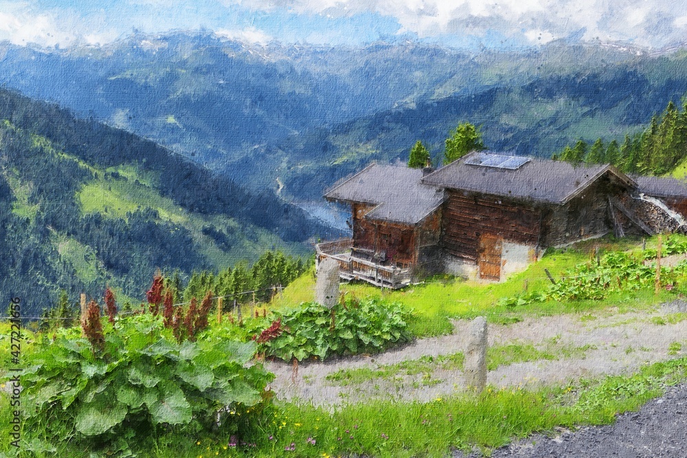 Oil painting illustration of traditional houses in Austrian Alps.