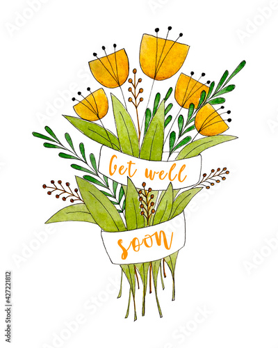 Photography Bouquet of flowers watercolor with the inscription Get Well Soon, greeting card, wish of health