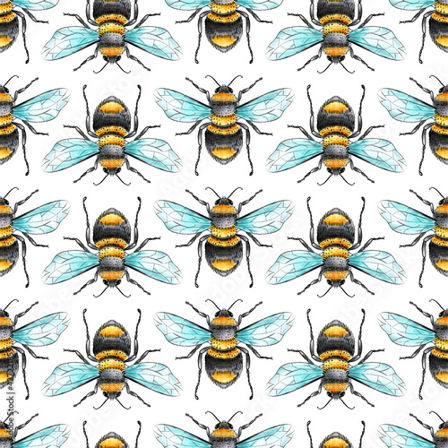 watercolor and Ink Honey Bees and Botanical on Grey Background Seamless Pattern © Farijazz