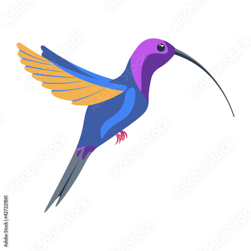 A bright multicolored hummingbird, a bird painted in several colors blue orange purple. Vector illustration isolated on white background.