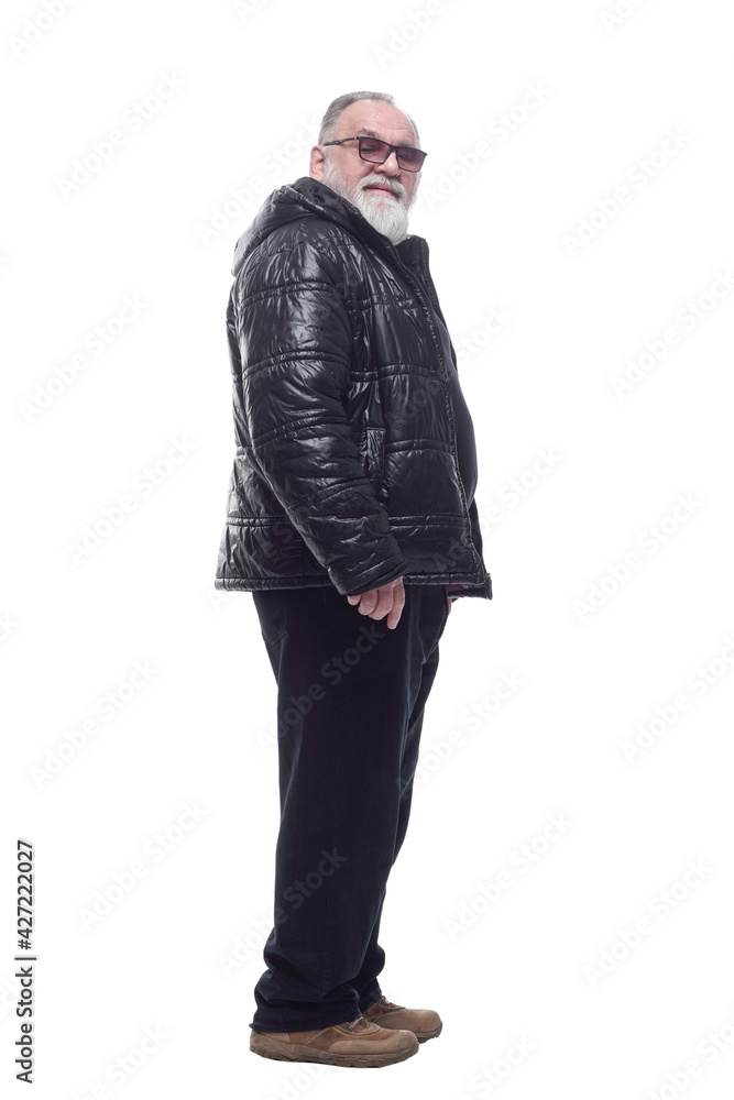 stylish bearded man in winter jacket looking at you. stylish bearded man in winter jacket looking at you.