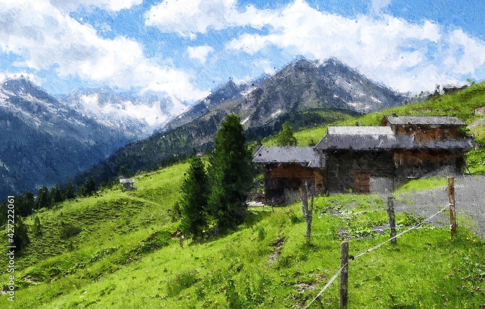 Oil painting illustration of traditional houses in Austrian Alps.
