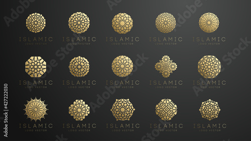 Gold islamic logo set on dark background. Ramadan kareem vector pattern. Round shape logo design. Islamic circle logo simple pattern. Arabic vector 3d emblem.