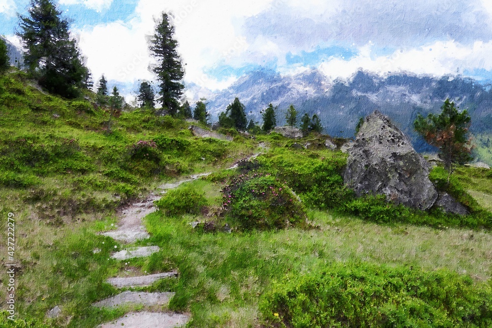Obraz premium Oil painting illustration of hiking trail in Zillertal Austrian Alps.