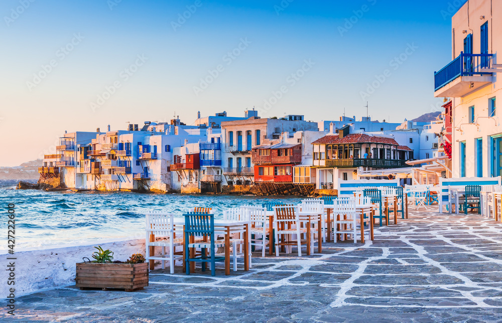 Mykonos, Greece. Waterfront in Little Venice, Mykonos at sunset.