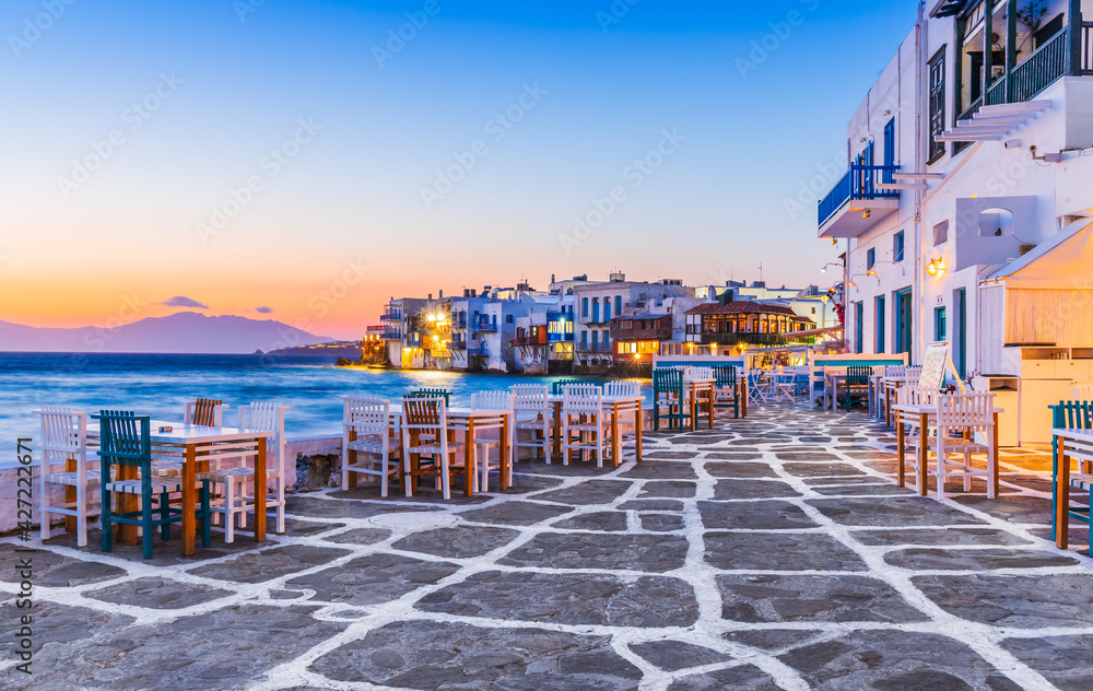 Mykonos, Greece. Waterfront in Little Venice, Mykonos at sunset.
