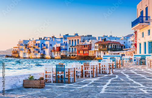 Obraz na płótnie Mykonos, Greece. Waterfront in Little Venice, Mykonos at sunset. w salonie