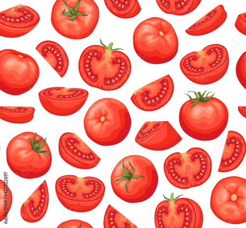 Tomatoes seamless pattern on a white background. Red ripe tomatoes with a green twig. Great for menus, labels, packaging.