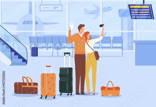 Hotel reception, man, woman travel, ticket booking, vacation joint, young holiday couple, design, flat style vector illustration.