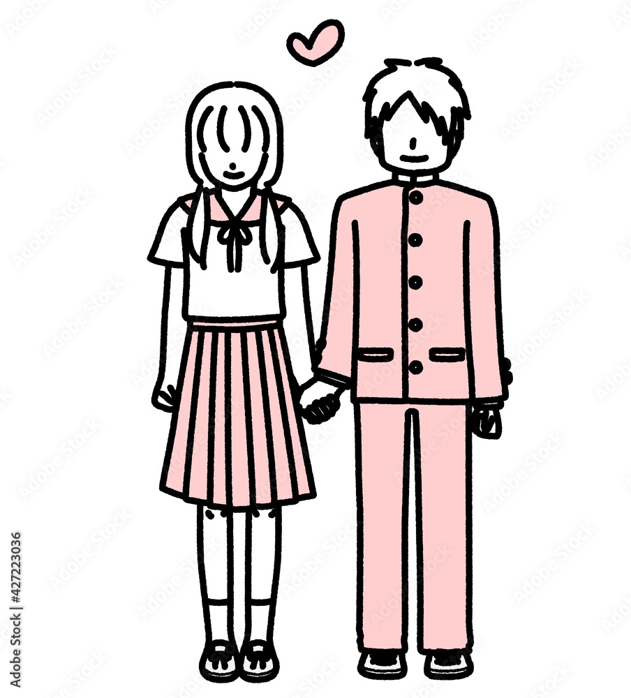 手を繋いで立っている中学生カップル