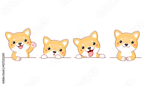 Set of borders with kawaii shiba inu puppy