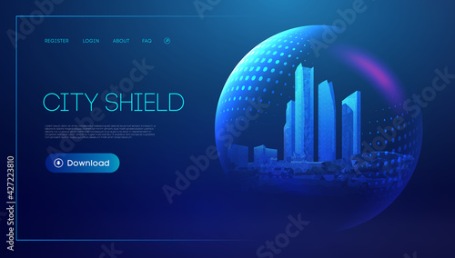 City shield blue futuristic background. Protect future technology background. Abstract blue city dome. Virus immune field glass sphere barrier. EPS 10.