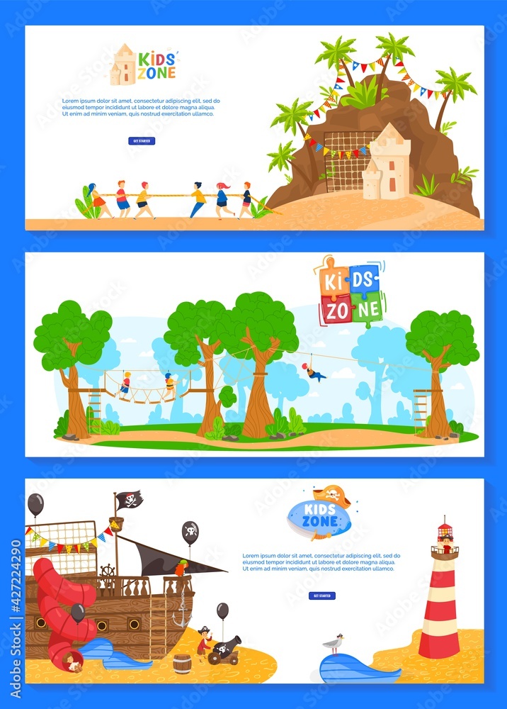 Children play zone, nature playground, fun park, happy childhood, character background, design, cartoon style vector illustration.