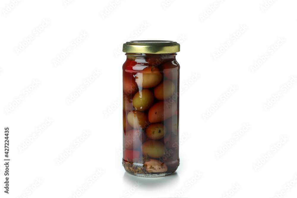 Glass jar of olives isolated on white background Glass jar of olives isolated on white background