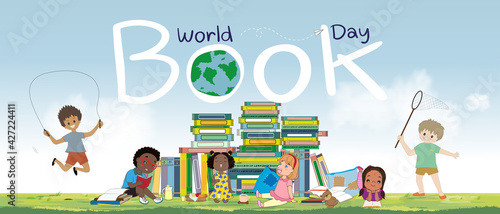 World book day with Stack of colorful book with kids sitting reading book, having picnic and playing in grass fields,Vector cute cartoon Schoolchildren relaxing outdoors on Book week,Education concept