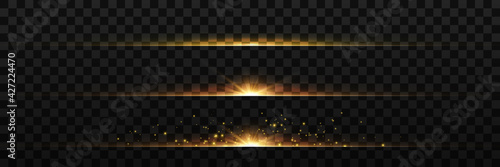 yellow horizontal lens flares pack. Laser beams, horizontal light rays.Beautiful light flares. Glowing streaks on dark background. Luminous abstract sparkling lined background. Vector illustration