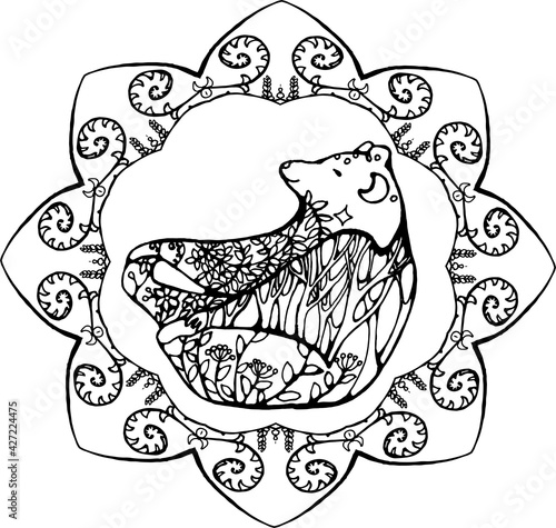 Bear in yoga pose with floral ornaments in fern mandala.