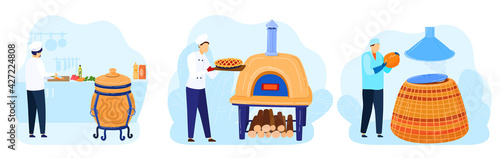 Kitchen tandoor food, traditional cuisine culinary, street oven, cook pizza, design, in cartoon style vector illustration.