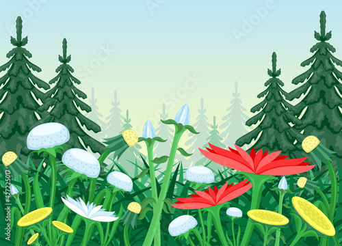 Nature illustration with flower meadow in coniferous forest.