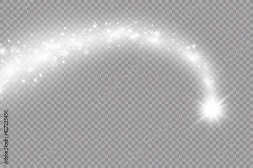 Vector white sparkling falling star. Stardust trail. Cosmic glittering wave. PNG. . Vector illustration