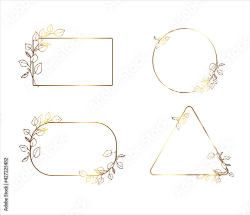 Gold frame. Set of geometric golden frames with branches. On white background. Place for your text.