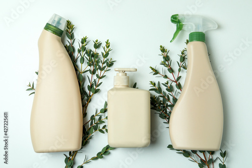Fototapete Blank detergent bottles and twigs on white background