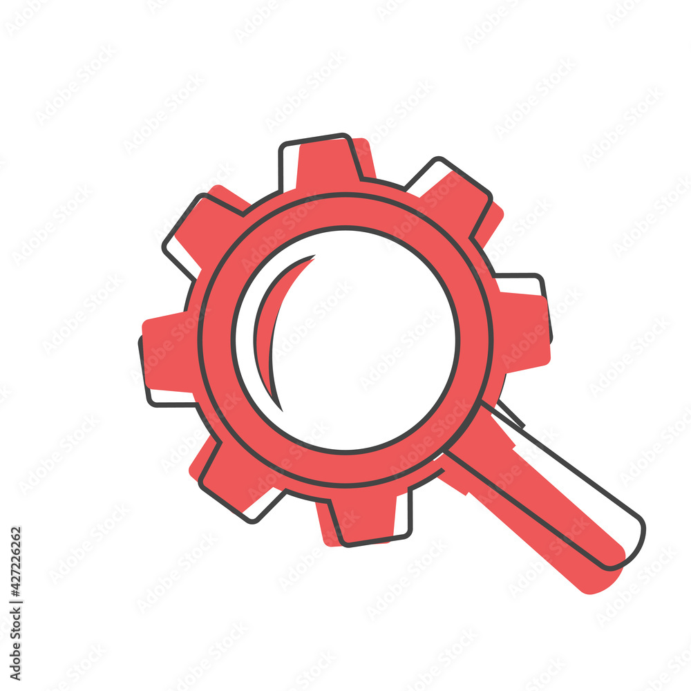 Vector gear tool search magnifier icon on cartoon style on white isolated background.