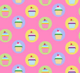 Seamless pattern with colorful cupcakes for birthday greeting card or party invitation, vector. Birthday party background 