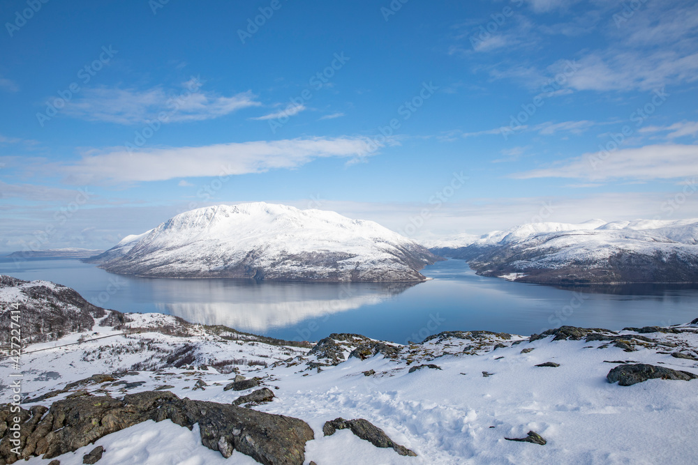 Mountain hike in fresh snow and great spring weather,Brønnøy,Helgeland,Nordland county,Norway,scandinavia,Europe	