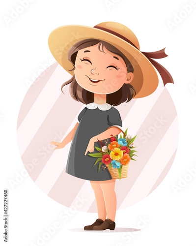 Cute little girl holding a basket of flowers