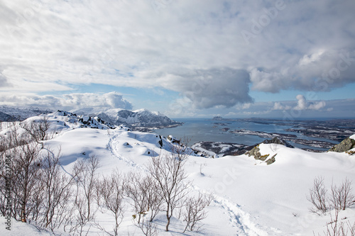 Mountain hike in fresh snow and great spring weather,Helgeland,Nordland county,Norway,scandinavia,Europe	 photo