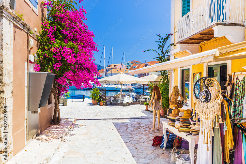 Kefalonia island, Greece. Shops in Fiskardo village.