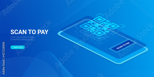 Scan to pay. Smartphone to scan the QR code. Horizontal blue banner for the isometric concept online store.