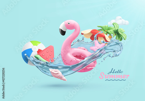 Summer festive background. 3d vector realistic illustration. Flamingo inflatable toy, watermelon, palm trees, shell, water splash