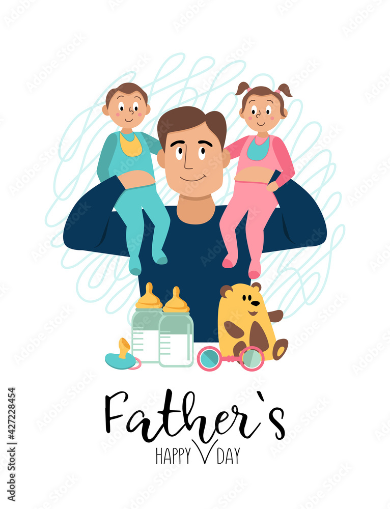 Vector illustration, happy father with his son and daughter. Happy father's day design for card, poster, postcard. Vector illustration, happy father with his son and daughter. Happy father's day design for card, poster, postcard.