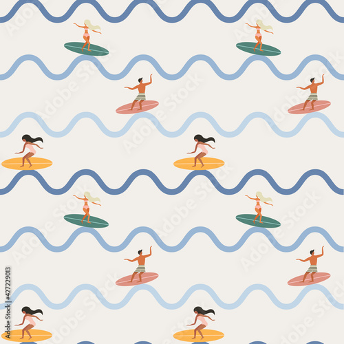 Photography Vintage Surfing People on Waves Seamless Pattern