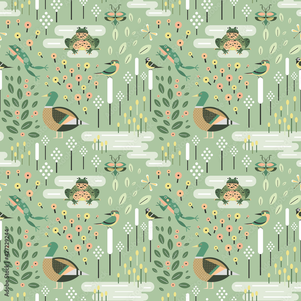 Pond Animals and Plant Life Seamless Pattern