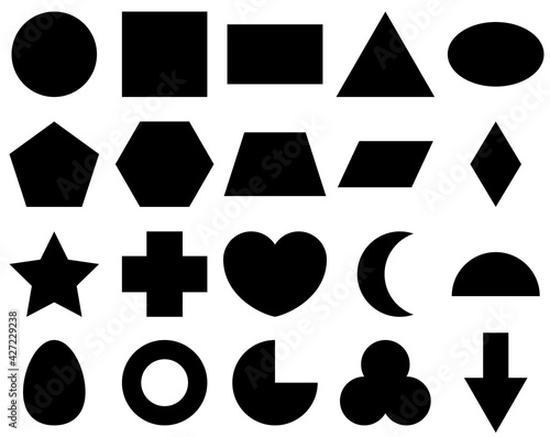 Vector geometric shape design set. Simple 2D collection of basic star, square, circle, triangle, rectangle, pyramid, polygon, trapezoid, octagon, hexagon, pentagon. Flat icon logo background