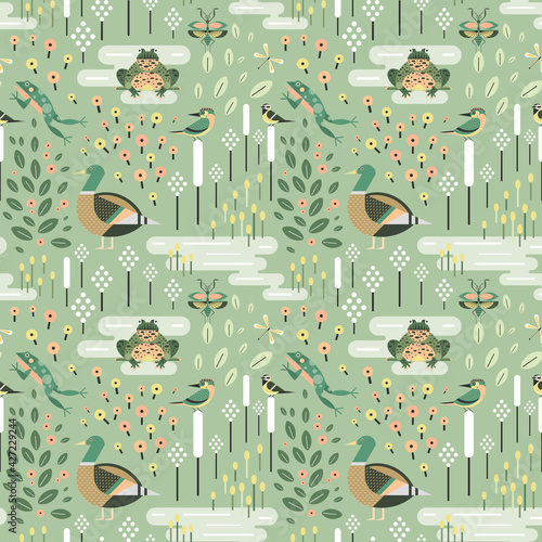 Obraz na płótnie Pond Animals and Plant Life Seamless Pattern w salonie