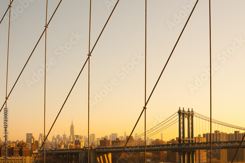 Manhattan Bridge and midtown skyline from Brooklyn Bridge, Manhattan, New York City, NY, USA