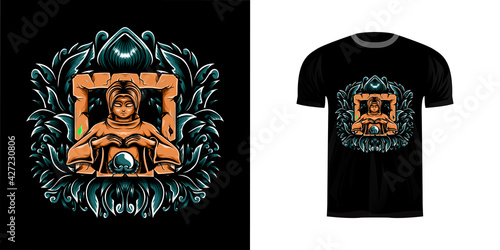 retro illustration wizard for tshirt design, badge design character