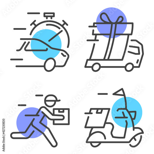 Set of simple vector illustrations representing various types of delivery service including transport and courier. Editable stroke.
